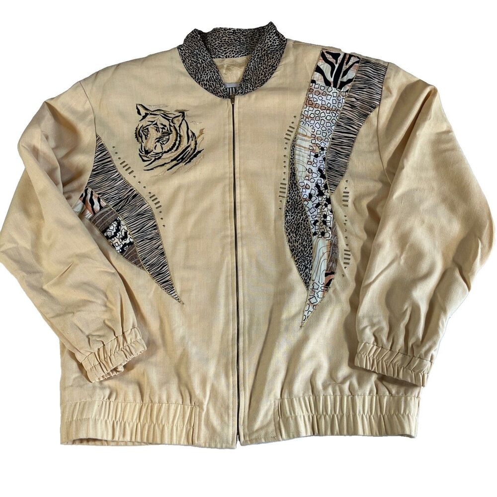 90s USA City Girl Animal Print Bomber Jacket Womens 14 Yellow Tiger Embellished